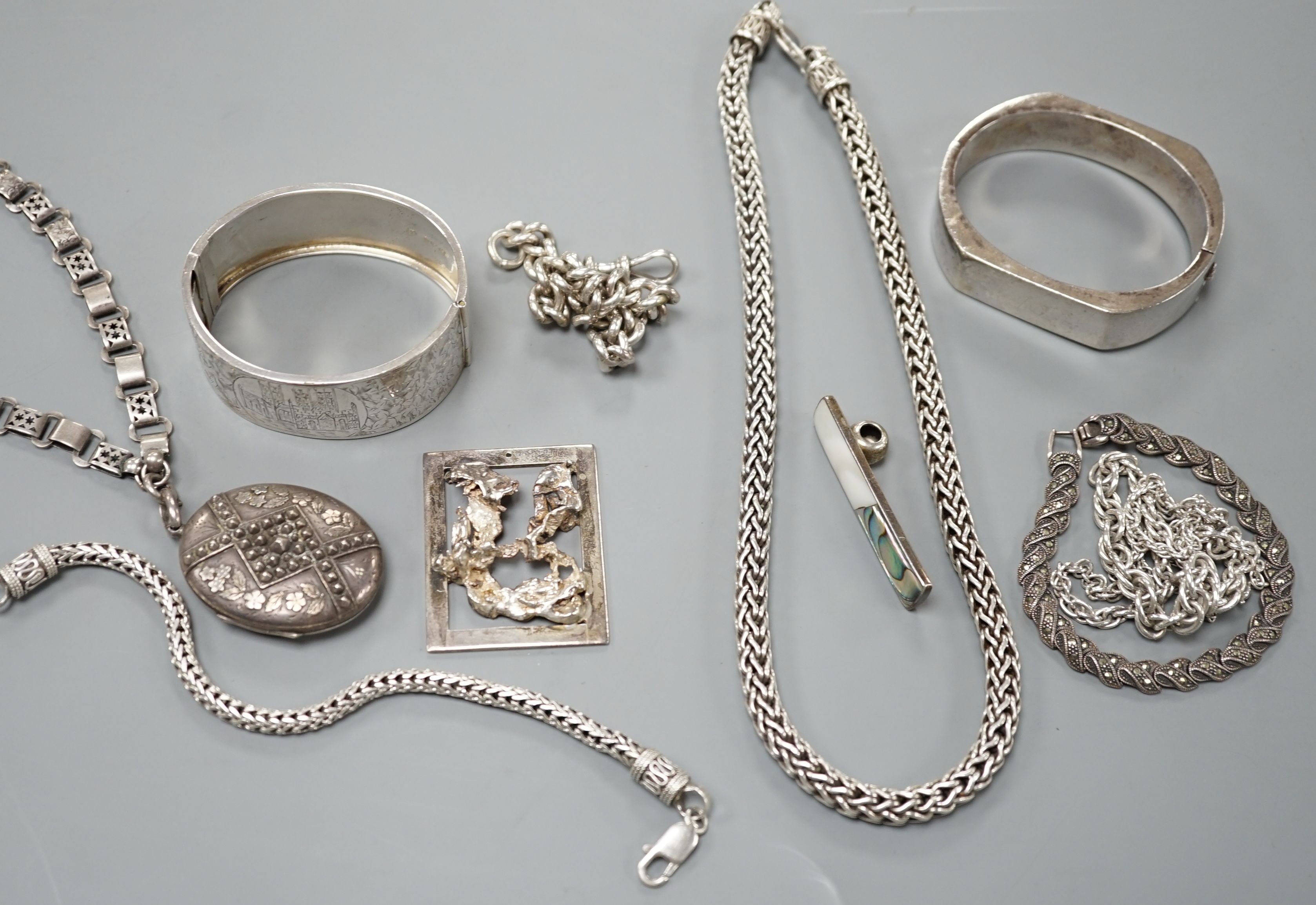 Assorted white metal jewellery including oval locket on albertina, 925 necklace and bracelet, bangles bracelets etc.